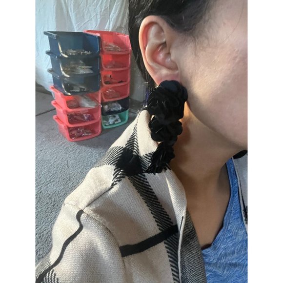 Black flower earrings , black leaf  fabric large earrings , big soft petals - Picture 8 of 8